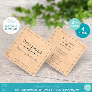Editable Square Business Card Template Vintage Style 2.5" x 2.5" - Printable Kraft Business Card Template - DIY Rustic Business Card Design