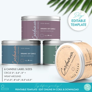 Editable Elegant Candle Tin Label Template (6 Sizes) - Printable Wrap Around & Circle Candle Jar Label Design, Feminine Modern Candle Label
