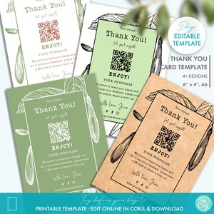 DIY Botanical Business Thank You Card Template w/ QR-code Review Request, Editable Rustic Kraft Floral Printable Order Insert Thank You Card