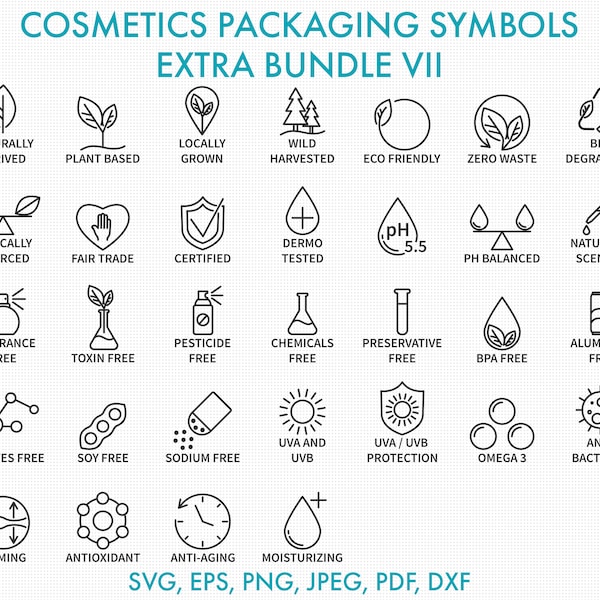 Cosmetica verpakking pictogrammen SVG bundel VII - Eco vriendelijke pictogrammen, verpakkingssymbolen, veganistisch pictogram, wreedheid gratis pictogram, glutenvrij, parabenenvrij