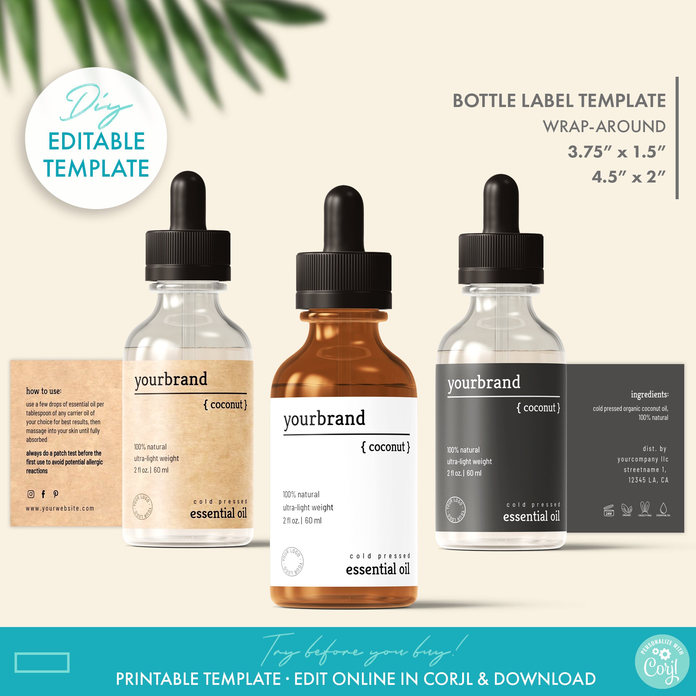 Editable Dropper Bottle Product Label Template DIY Bottle 1 Oz 2 Oz 4oz 