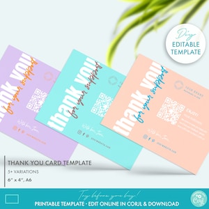 Pastel Editable Business Thank You Card Template w/ QR-code Review Request (2 Sizes), DIY Printable Modern Thank You For Your Order Card