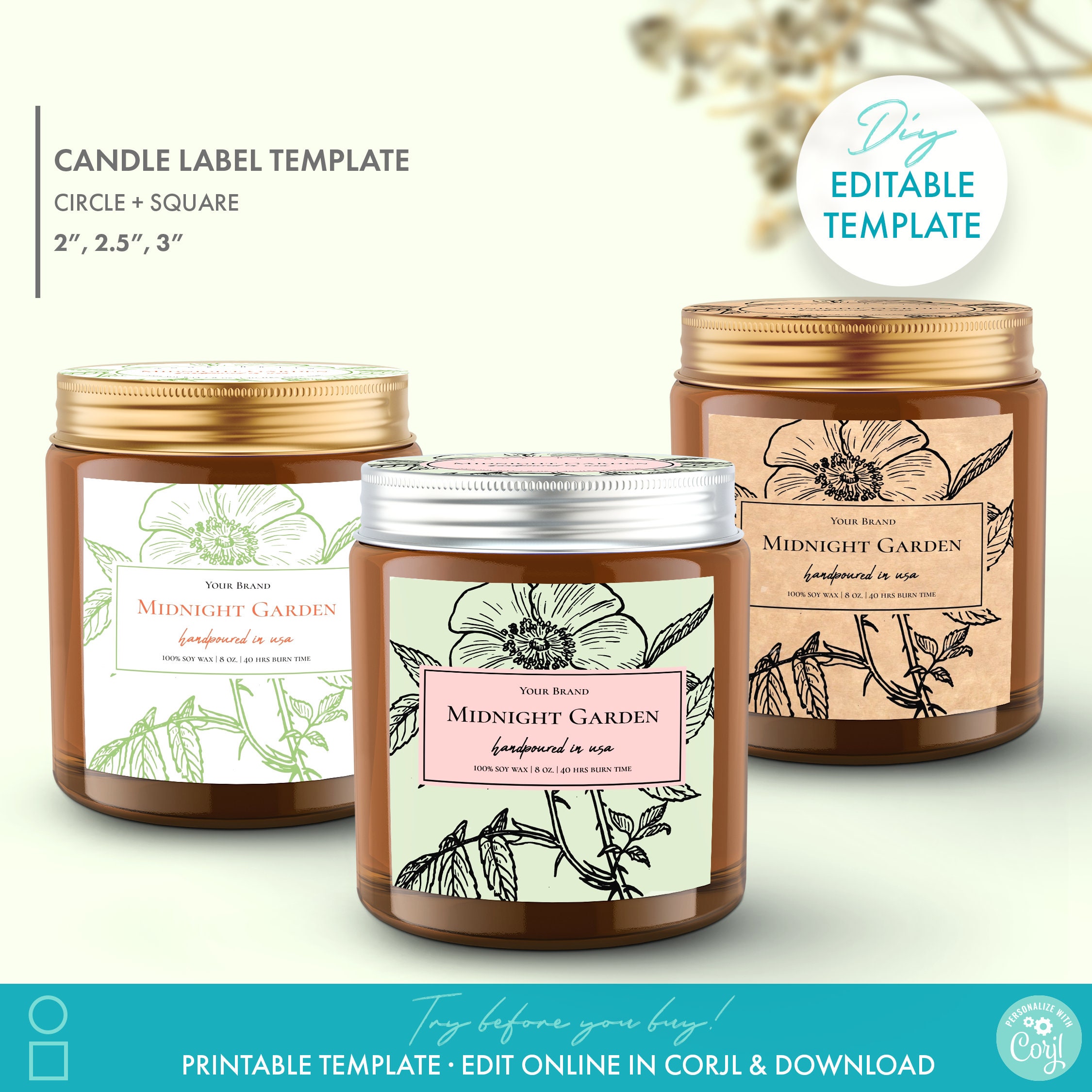 Botanical Candle Jar Label Square & Circle Template 3 Sizes