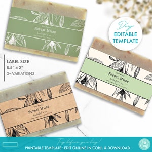 Fully Editable Botanical Bar Soap Label Template - Printable Floral Soap Label Design, DIY Soap Sleeve Label, Rustic Kraft Soap Packaging