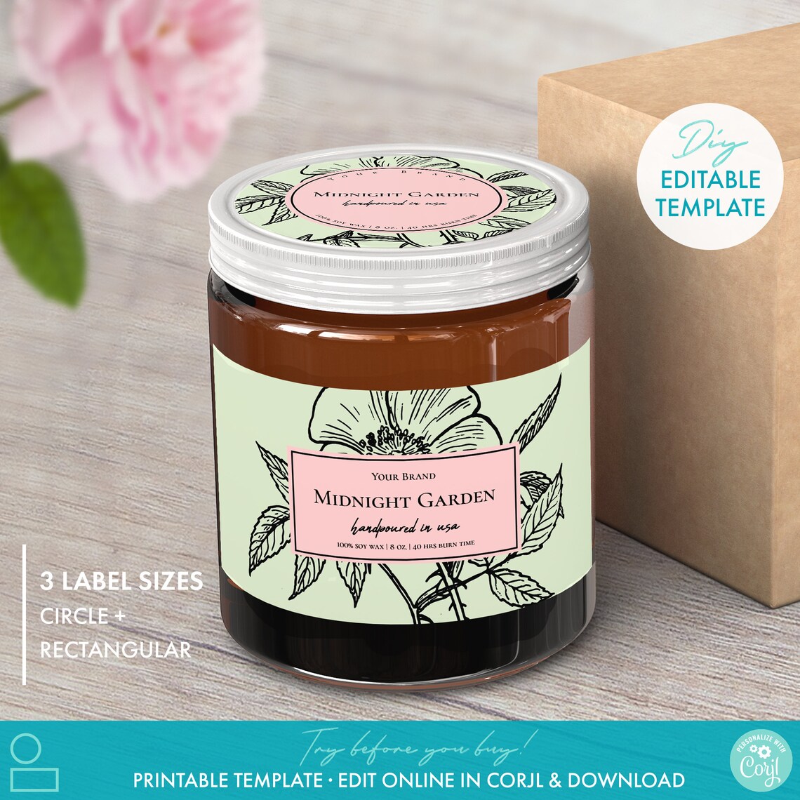 Printable Candle Jar Label Template 6 Sizes Editable Etsy