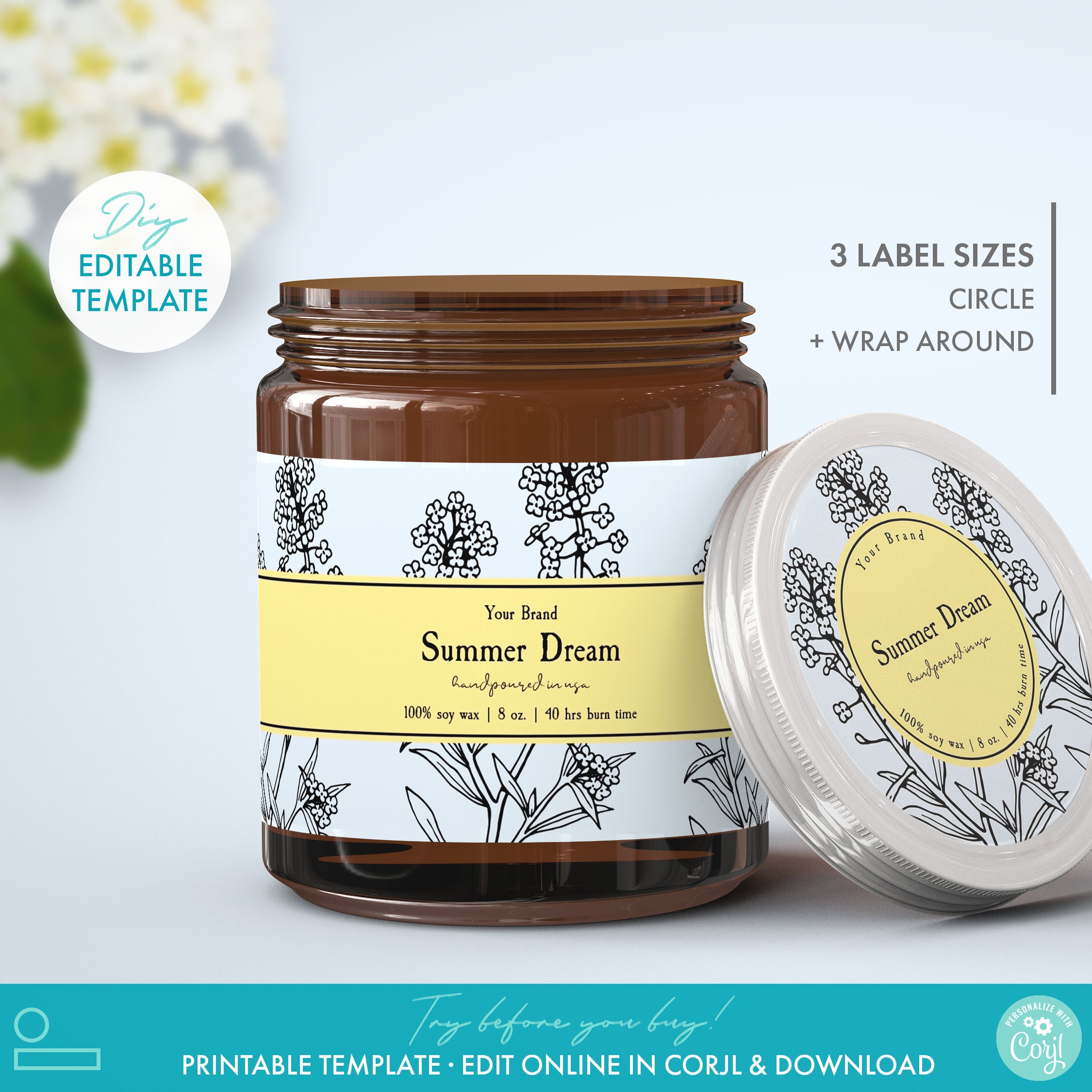 Printable Botanical Wrap Around Candle Jar Label Template 3 Etsy