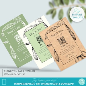 Editable Botanical Business Thank You Card Template w/ QR-code Review Request, Rustic Floral Printable Thank You For Your Order Card