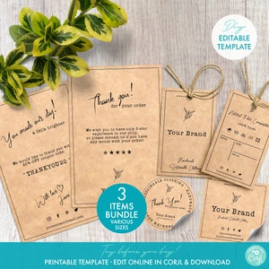 Printable Business Branding Templates for Clothing Hang Tag, Sticker Labels and Thank You Card - DIY Editable Templates Bundle f/ Kraft Tags