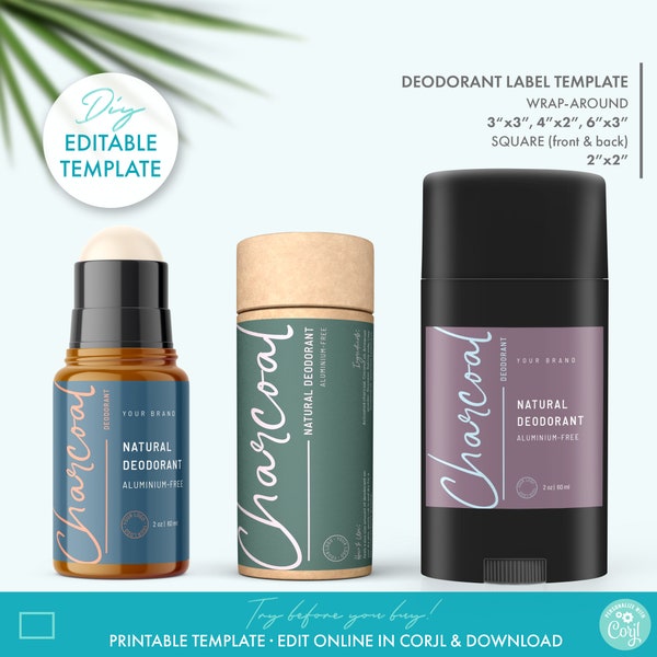 Editable Elegant Deodorant Label Template (4 Sizes) - Printable Cosmetics Label Deign, Beauty Body Product Label Template, Product Packaging