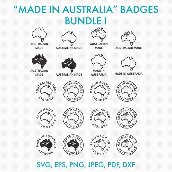 Australian Made Badge SVG Icons Bundle I - Outlined Made In Australia Logo PNG, Handmade in Australia Clip Art, Australian Made Symbol Icon