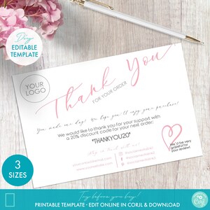 Editable Business Thank You Card Note Order Insert Template (3 Sizes) - Printable Elegant Pink Thank You For Your Order Card Review Request