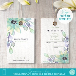 Editable Custom Price Tags Template 2" x 3.5" - DIY Printable Floral Watercolor Clothing Hang Tags Digital Template - Personalized Hang Tag