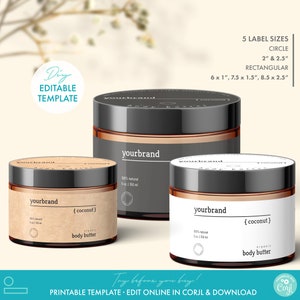 Minimal Editable Body Product Jar Label Template (5 Sizes) - Printable Body Butter Labels, DIY Cosmetic Label Template, Product Label Design