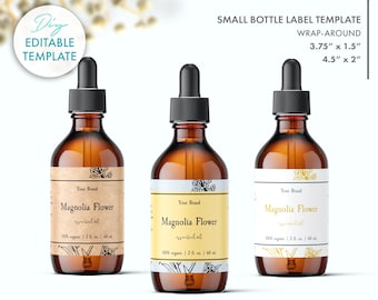 Editable Botanical Dropper Bottle Label Template (2 Sizes), DIY Floral Essential Oil Label Design, Printable Cosmetic Small Bottle Label