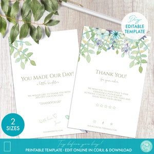 Editable Business Thank You Note Card Template 4" x 6" / A6 - Printable Floral Watercolor Order Insert Postcard - Custom Thank You f/ Order