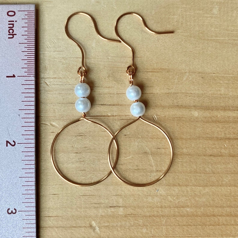 Handmade copper wire wrapped earrings faux pearl bead earrings wire wrap earrings wire and bead French hook copper colored earrings