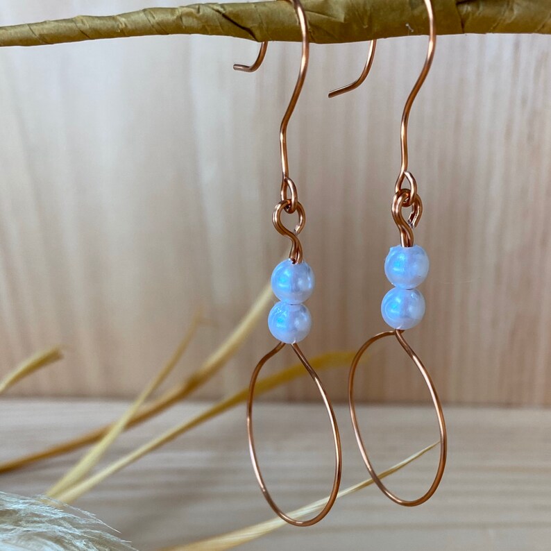 Handmade copper wire wrapped earrings faux pearl bead earrings wire wrap earrings wire and bead French hook copper colored earrings
