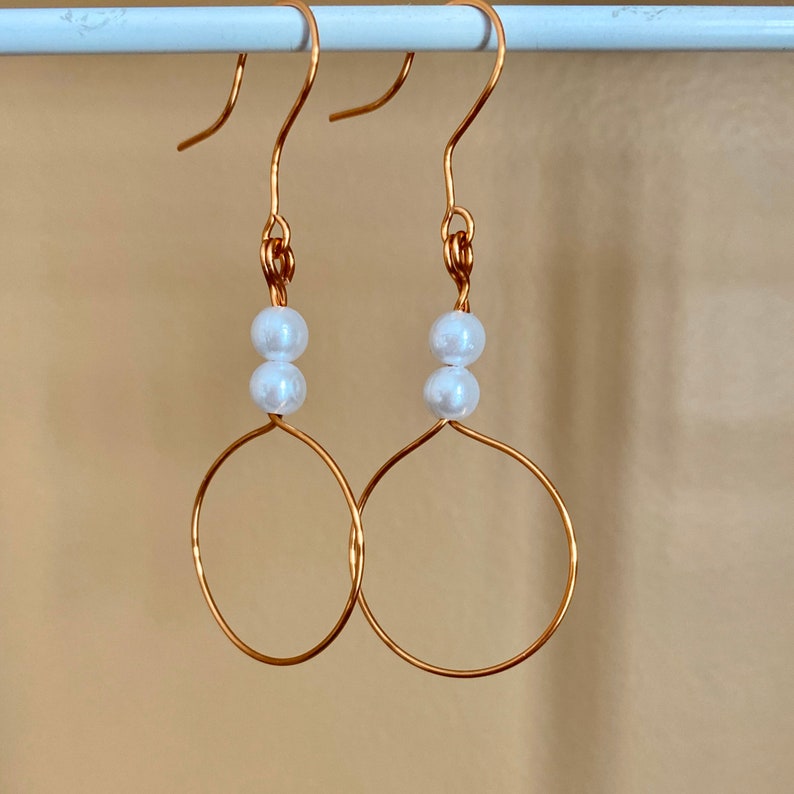 Handmade copper wire wrapped earrings faux pearl bead earrings wire wrap earrings wire and bead French hook copper colored earrings