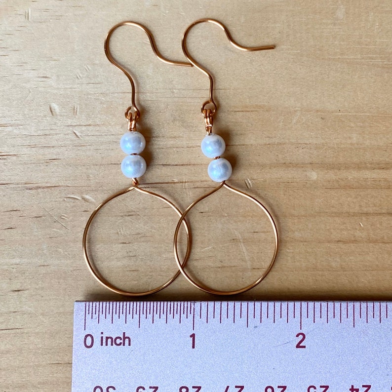 Handmade copper wire wrapped earrings faux pearl bead earrings wire wrap earrings wire and bead French hook copper colored earrings