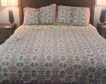 Soft Surroundings Cotton Quilt Reversible Green Purple Queen Sham Set