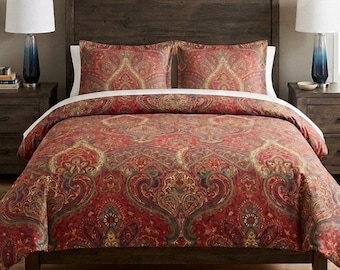Pottery Barn Red Paisley Floral Cotton King Duvet Cover Pillow Shams