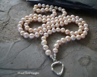 Perlenkette 86 cm lang geknotet mit Herz 925 Silber Modulkette Perlenkette Modulkette Silberherz