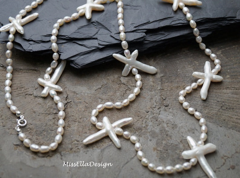 Pearl Necklace 94 cm long knotted with cross beads 925 silver