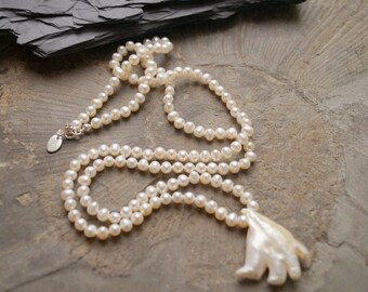 Pearl necklace long knotted with chicken foot pearl 925 silver