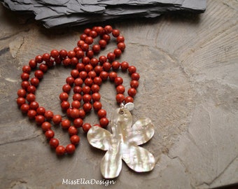 Necklace long coral necklace with mother of pearl Flower 925 silver