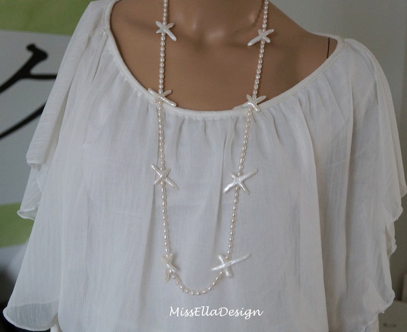 Pearl Necklace 94 cm long knotted with cross beads 925 silver