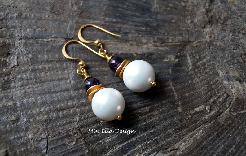 Pearl Earrings Amethyst 925 silver gold plated image 2