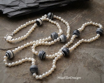 Necklace long knotted with stones black white 925 silver