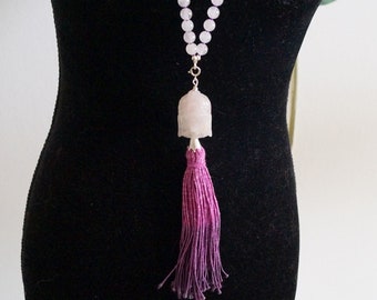 Rose Quartz Necklace with Pendant Buddha Tassel 925 Silver