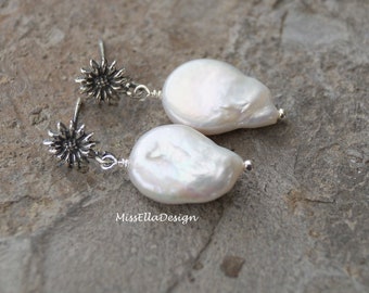 Boucles d’oreilles, keshi perles en argent 925