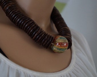 Coconut Necklace with Bamboo ball Statue Necklace layer look 925 Silver