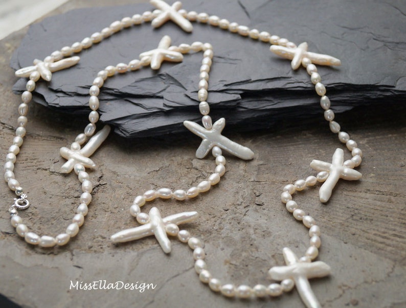 Pearl Necklace 94 cm long knotted with cross beads 925 silver