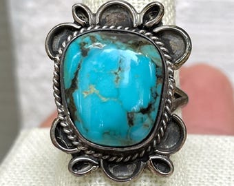 Vintage Turquoise Ring Sterling Silver Size 9.25 Southwest Boho Statement Jewelry Gift