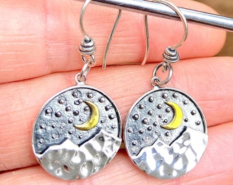 Sterling Silver Mountain Earrings with Bronze Moon, Mixed Metal, Starry Night Sky, Nature Drop Dangle Earrings, Granulated Mountain Range