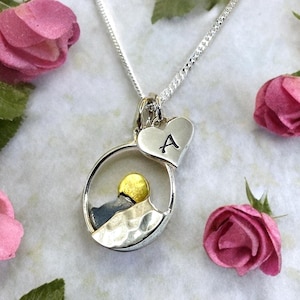 Personalized Mountain Sunrise Initial Necklace - Silver Mountain Jewelry for Hikers, Travel Gift for Her, Outdoor Adventure Nature Pendant