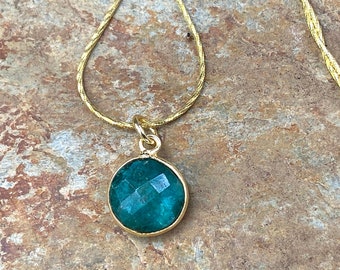 Emerald Gold Necklace, Round Crystal Pendant Dyed Green Crystal Bezel, Dainty Simple Necklace 18" or 20" Snake Chain