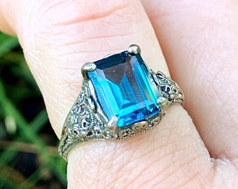 Blue Topaz Sterling Silver Filigree Ring, December Birthstone, Victorian, Size 8, Estate 6ct Natural London Topaz