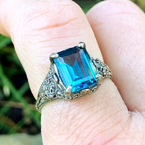 Blue Topaz Sterling Silver Filigree Ring, December Birthstone, Victorian, Size 8, Estate 6ct Natural London Topaz