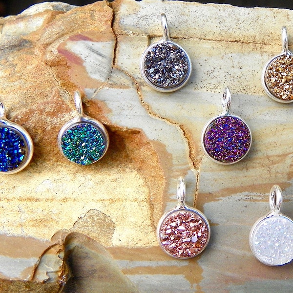 925 Sterling Silver Druzy Necklace / Dyed Round Pendant Circle 8mm / Gold Blue Purple Copper White Rainbow Teal Silver