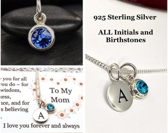 Personalized Initial and Birthstone Necklace for Mom, Sterling Silver Jewelry Gift for Mom, Custom Letter and Birth Month Stone