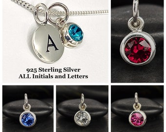 Initial Name and Birthstone Charm Sterling Silver Necklace, Personalized Gift for Friend Mom Daughter, Custom Name and Birth Month, Birthday