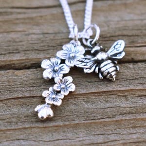 Sterling Silver Bee Flowers Necklace / Cherry Blossom Bumblebee Bee Honeybee Charm Pendant / Spring May Flying Insect 929 699