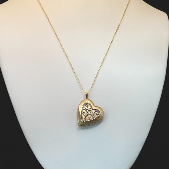 14K Gold Filled Heart Locket: Raised Silver Scrol… - image 9