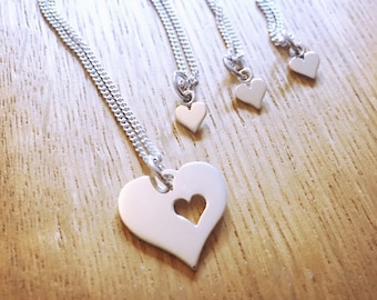 Sterling Silver Mother Daughter Heart Necklace Set