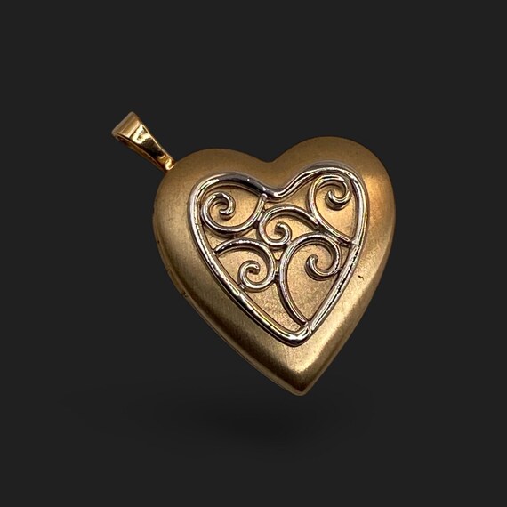 14K Gold Filled Heart Locket: Raised Silver Scrol… - image 2