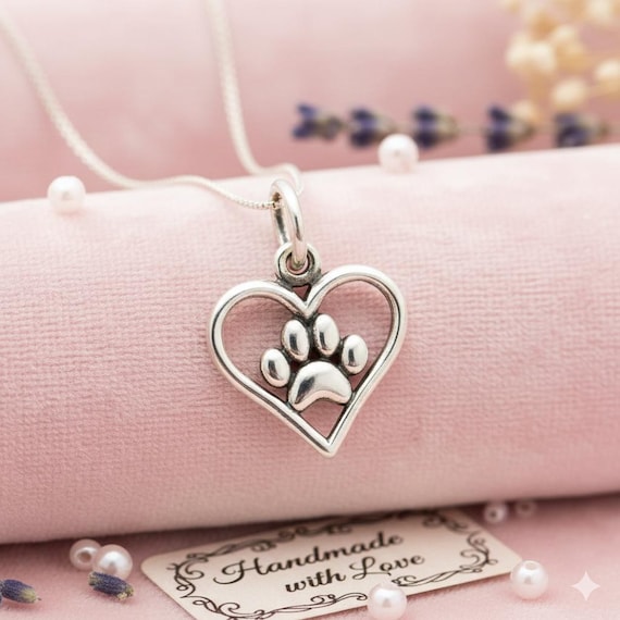 Sterling Silver Paw Print Heart Charm Necklace